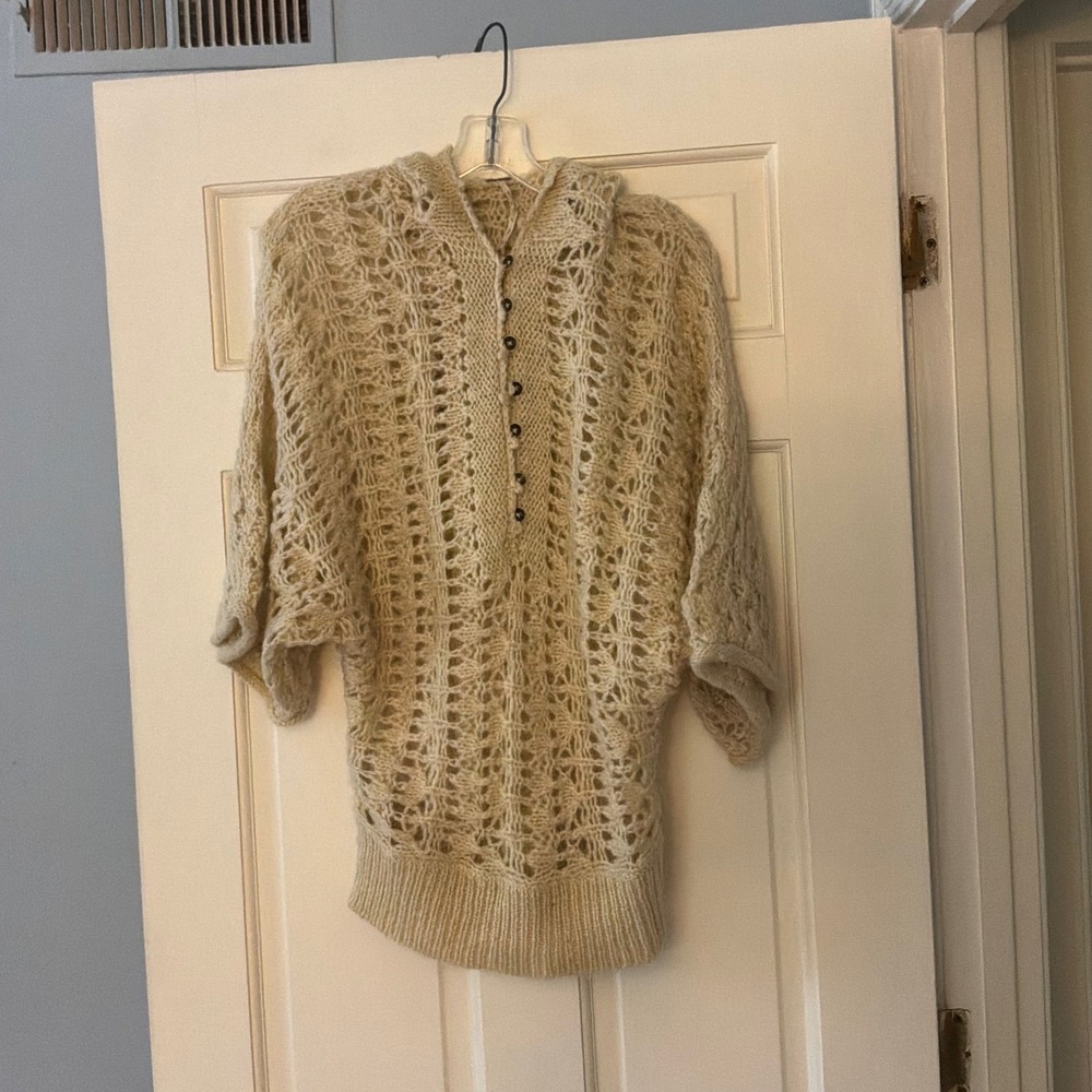 Free People Cream Wool Mohair Blend Hooded Batwing Knit Sweater S Boho Layer